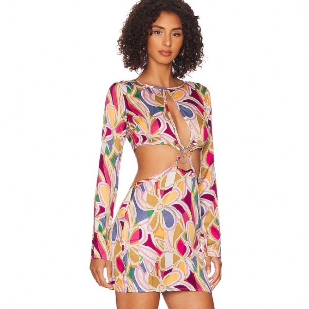 For Love & Lemons Thora Floral Cutout Mini Dress Multi Color Size M NWT Retro